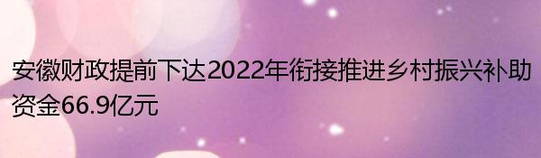 安徽财政提前下达2022年衔接推进乡村振兴补助资金66.9亿元 