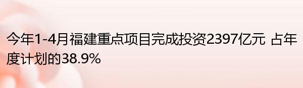 今年1-4月福建重点项目完成投资2397亿元 占年度计划的38.9%