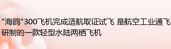 “海鸥”300飞机完成适航取证试飞 是航空工业通飞研制的一款轻型水陆两栖飞机